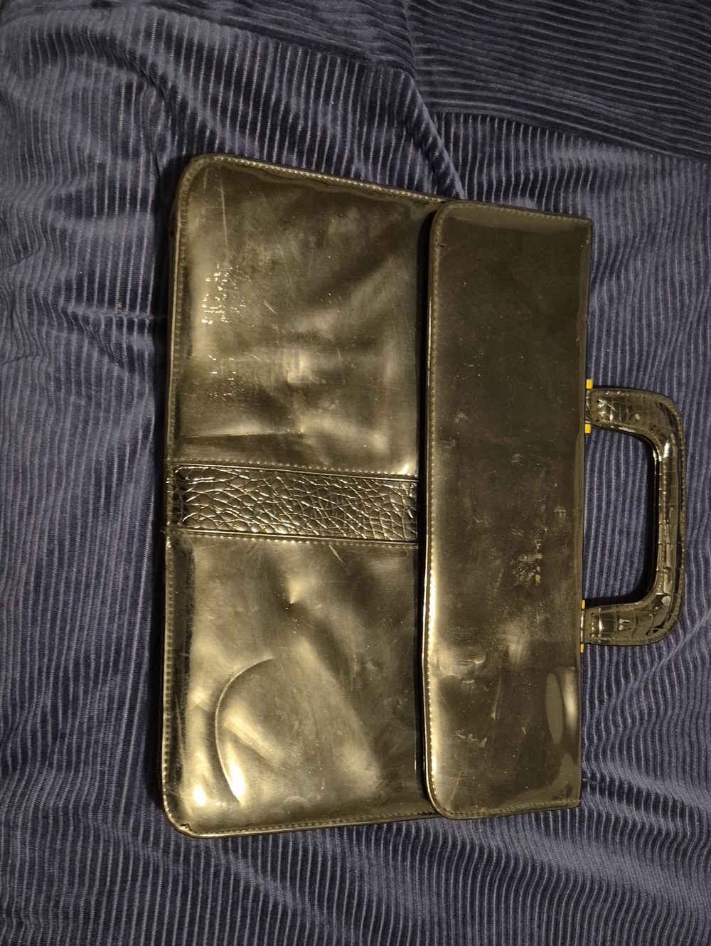 Men's Black Leather Briefcase with Croc-Texture Trim